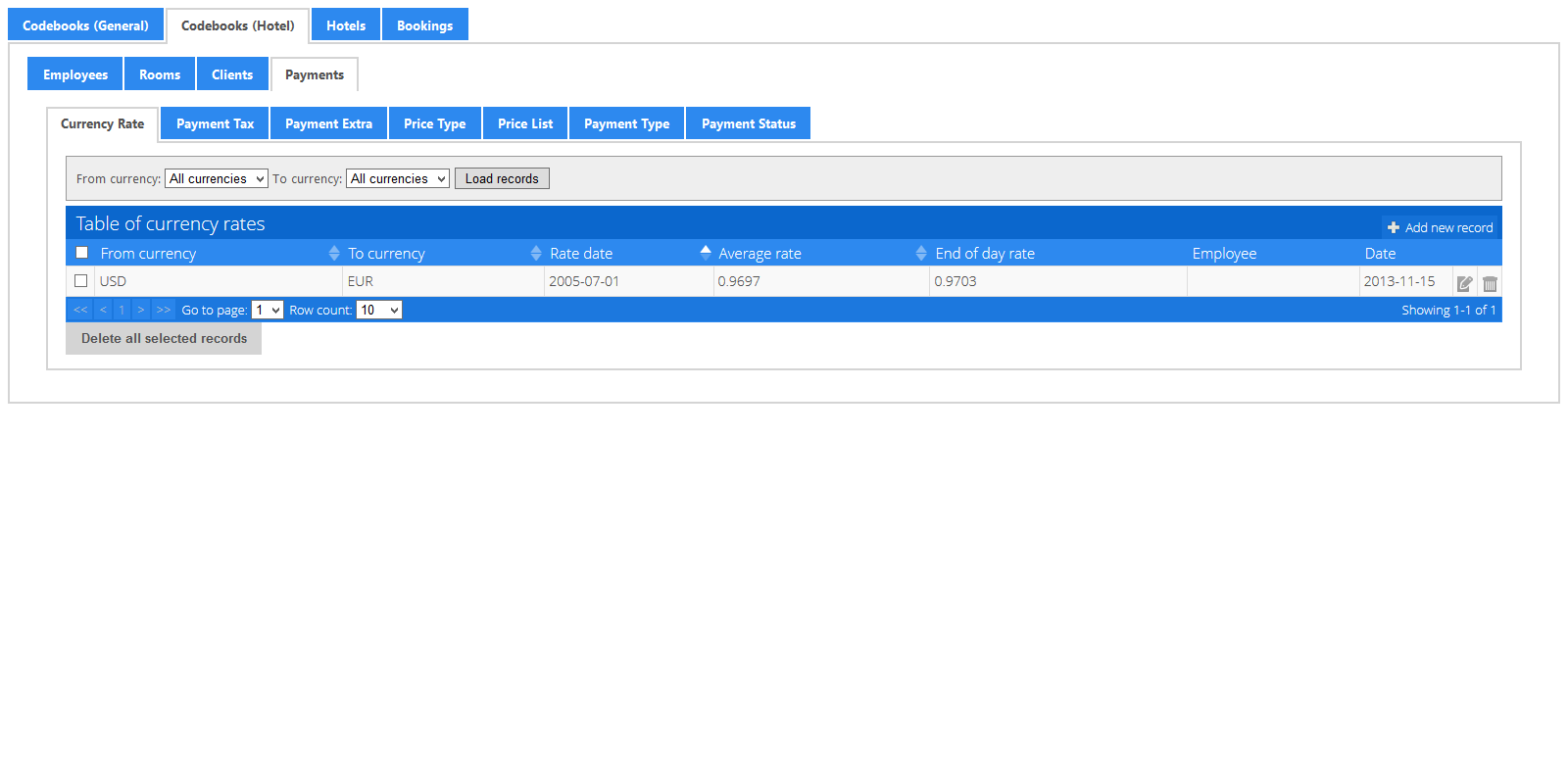 Codebook (Hotel): Payments - Currency Rate